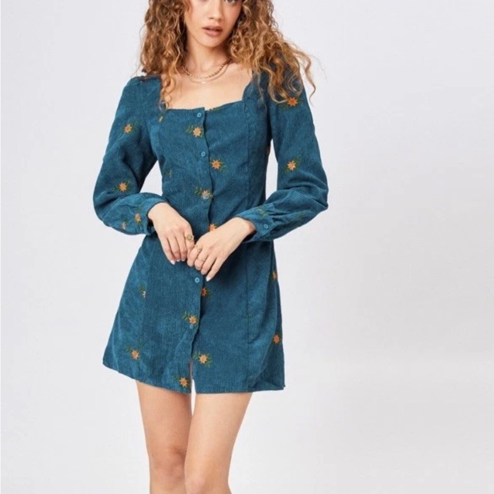 Cider Corduroy Floral Embroidered Button Up Dress Size Medium